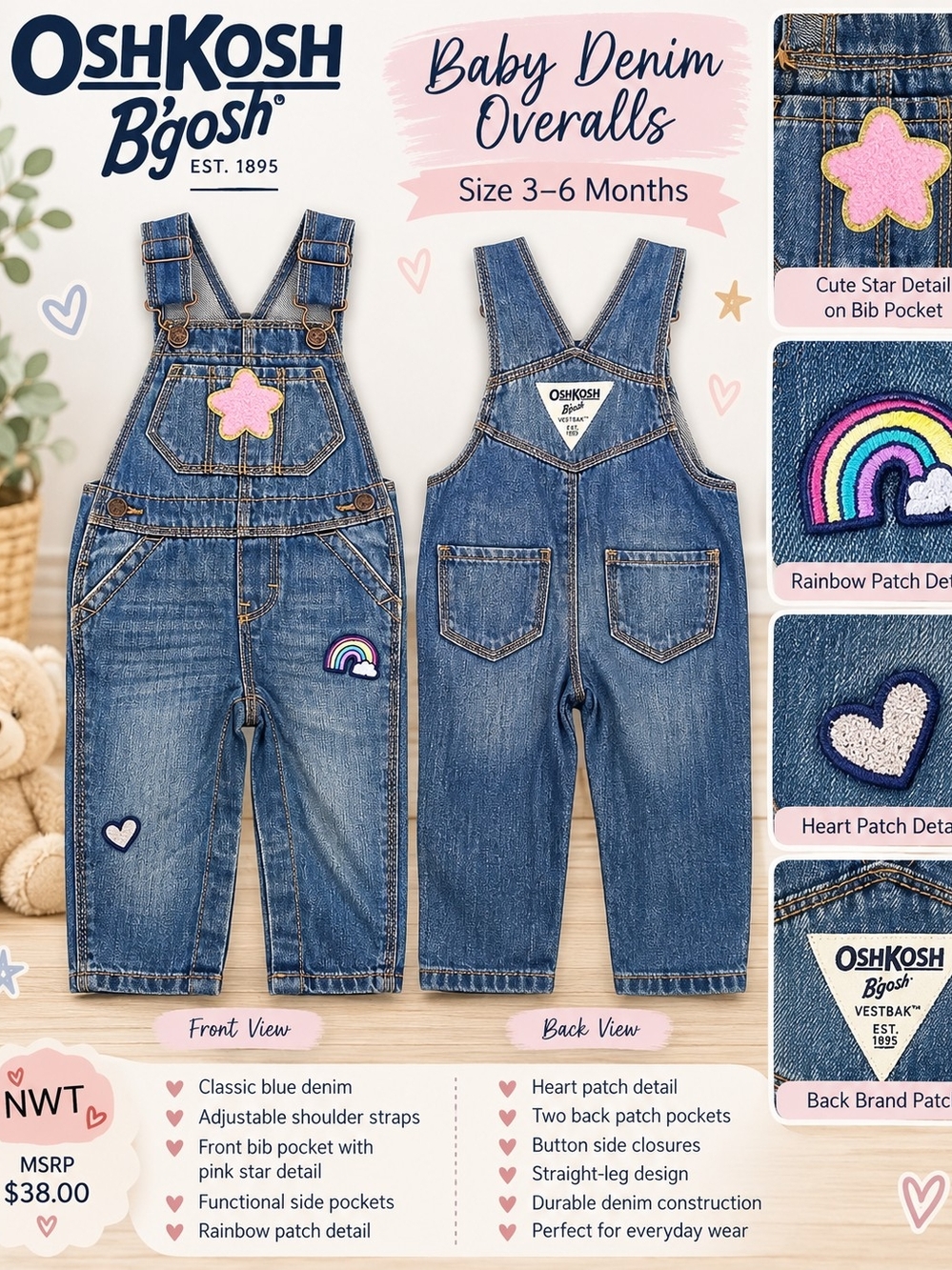 OshKosh B'gosh Blue Denim Overalls with Pink Star and Rainbow Patches